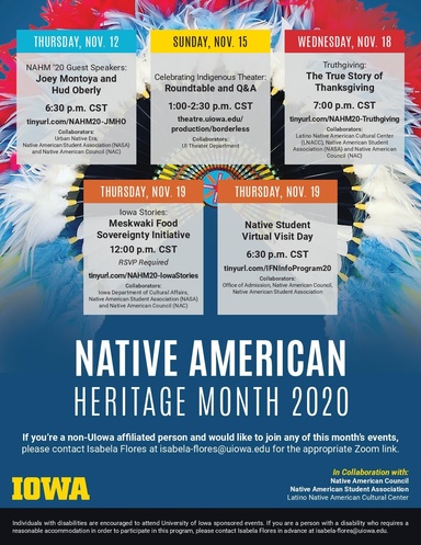 Blue background with Native headdress with black, yellow, white, blue, and red feathers. Five boxes cover the picture with the different events.
